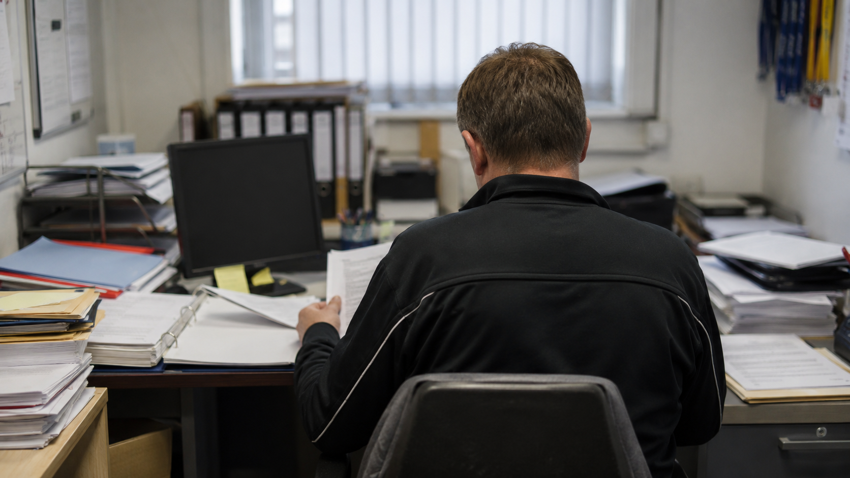 Le local d'un club de foot amateur, papiers et licences sur un bureau, un bénévole de dos