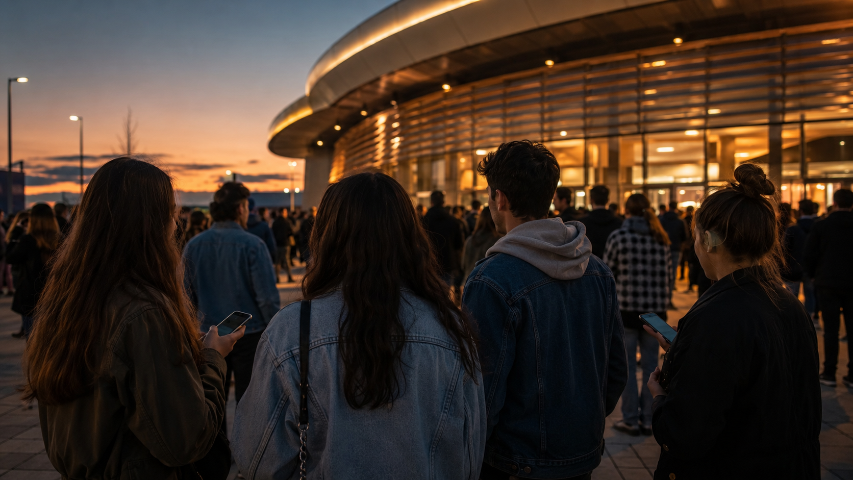 Groupe de jeunes devant l'entree d'une salle de concert au crepuscule