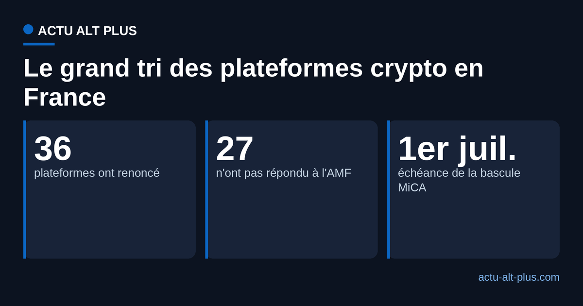 Au 1er juillet 2026, environ la moitié des plateformes crypto françaises cessent : 36 acteurs ont renoncé, 27 n'ont pas répondu