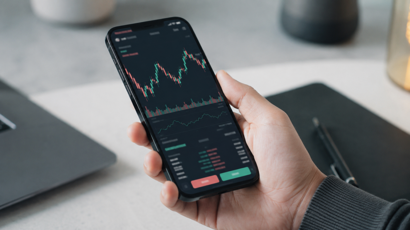 Une main tient un smartphone affichant une application de trading crypto générique