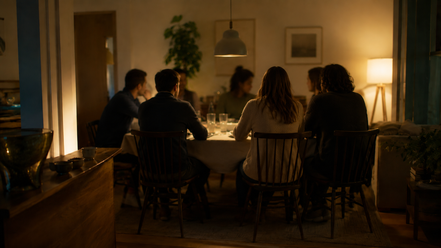 Un petit groupe de jeunes adultes vus de dos autour d'une table lors d'une soirée