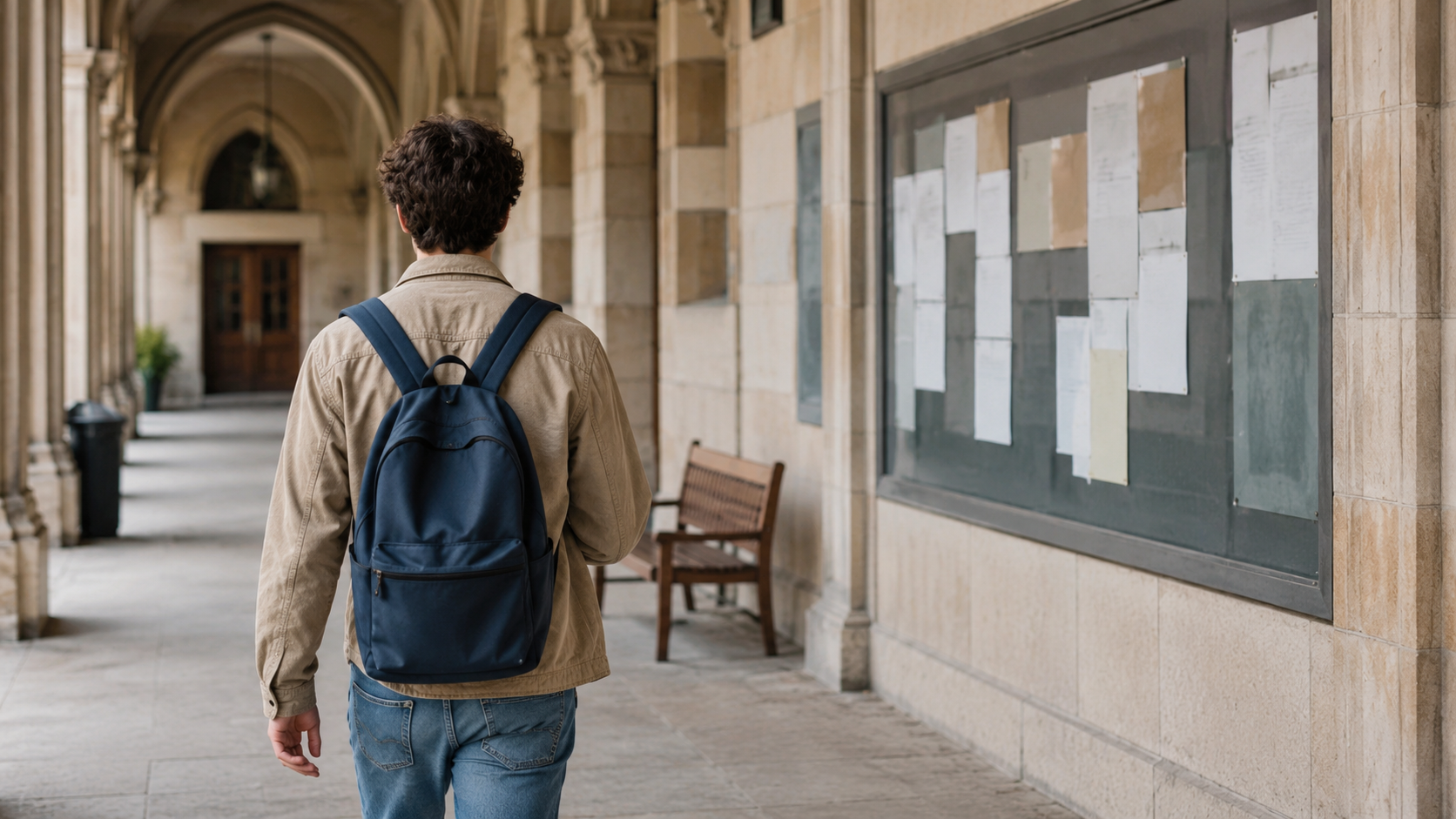 Un couloir de campus universitaire avec un espace d'affichage, un jeune adulte de dos qui s'éloigne