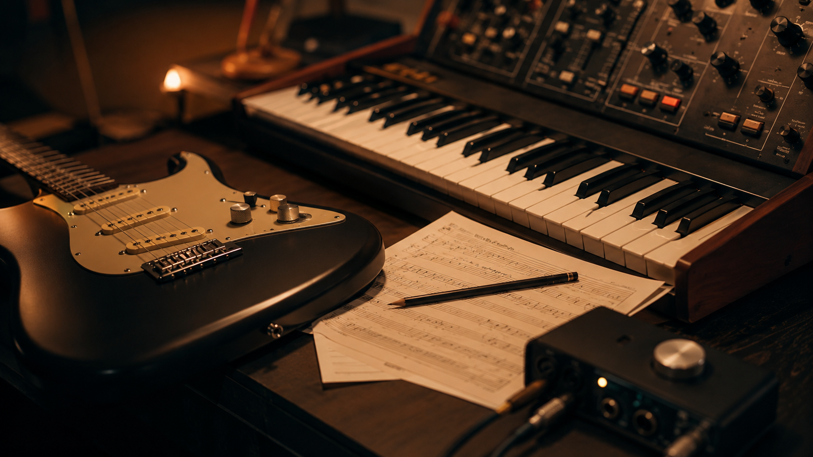 Une guitare électrique et un synthétiseur vintage côte à côte sous une lumière de studio feutrée