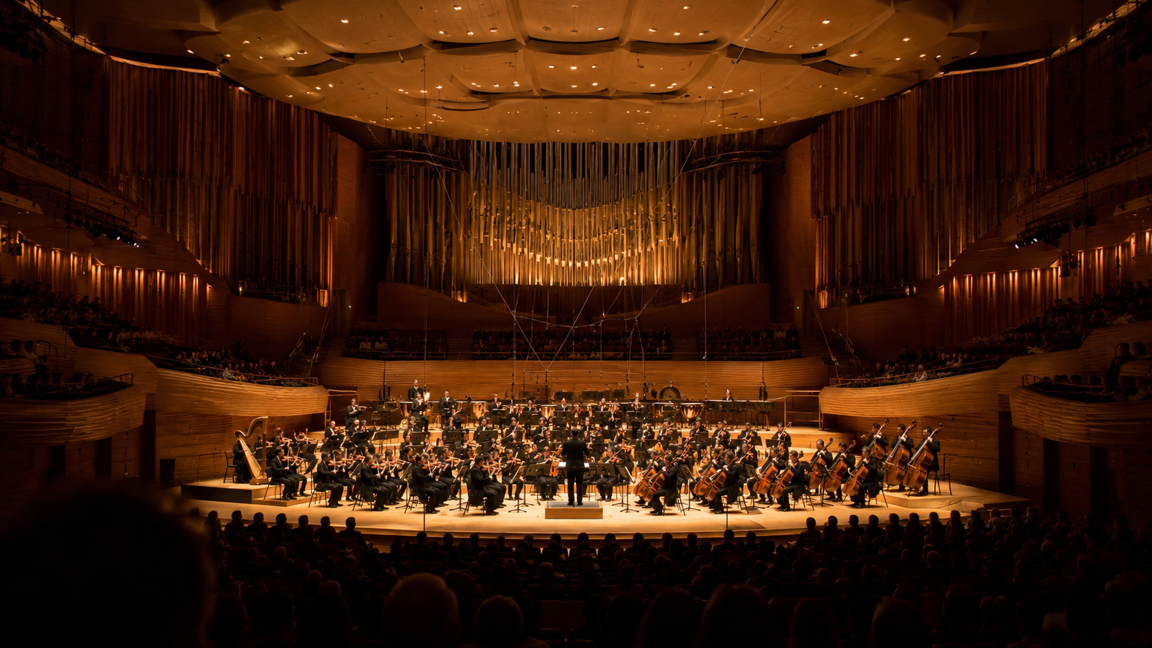 Un orchestre symphonique sur la scène d'une salle de concert moderne, vu depuis la salle
