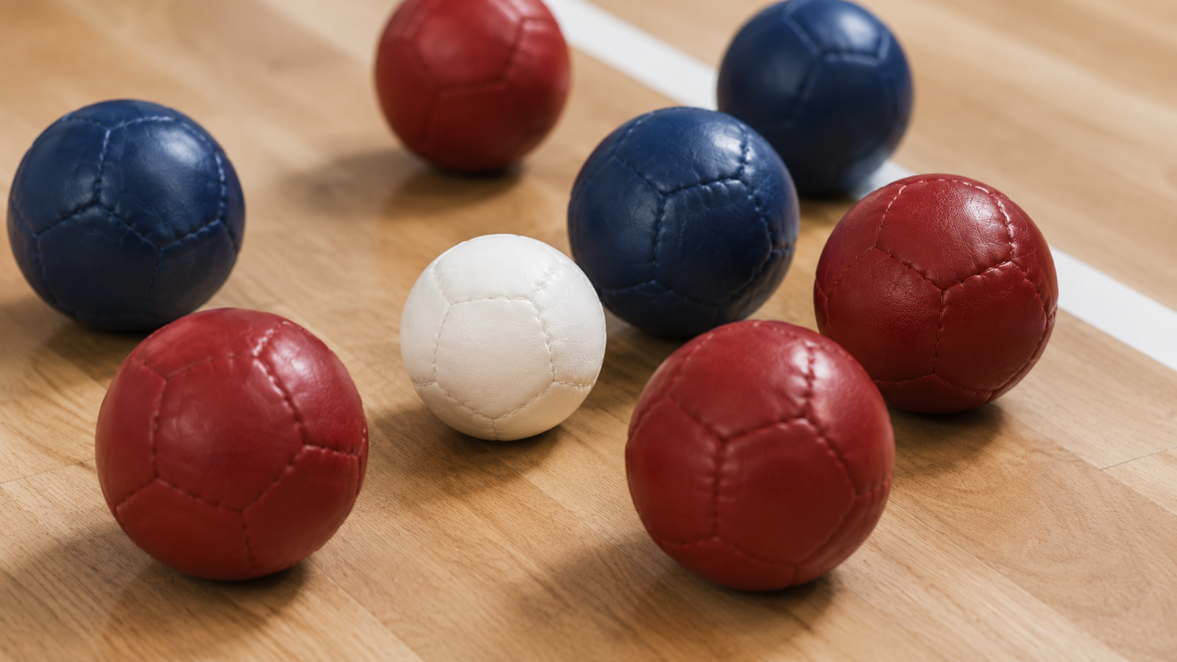Boules de boccia rouges et bleues groupées autour de la boule blanche cible