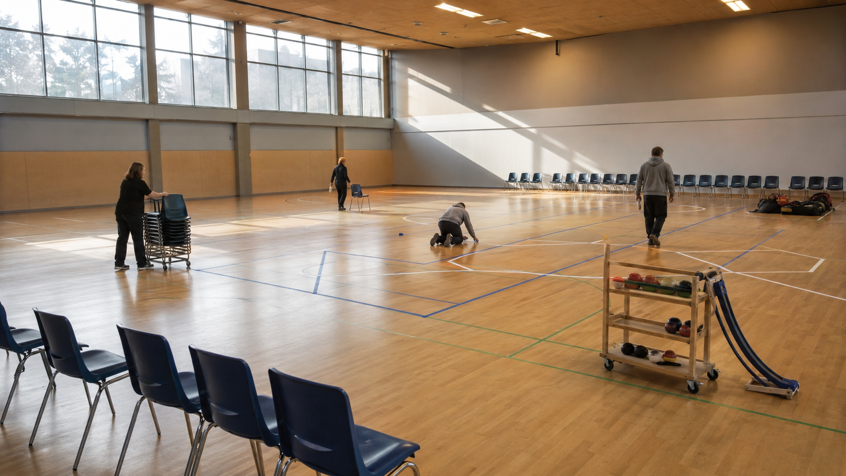 Des bénévoles préparent un gymnase et le terrain avant une compétition de boccia