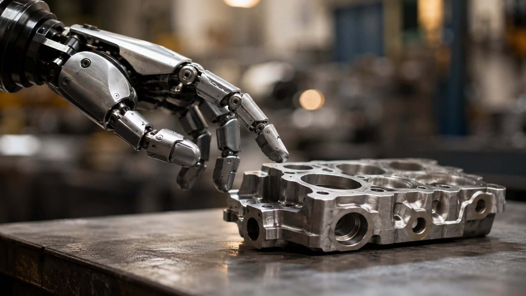 Une main de robot humanoïde tendue vers une pièce métallique sur un établi d'atelier
