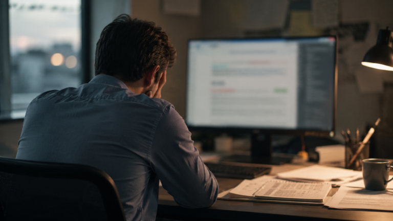 Salarié relisant et corrigeant à son bureau un texte produit par une IA, en fin de journée