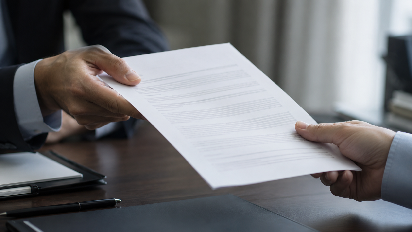 Document d'apparence finie passant de main en main sur un bureau, avec une erreur discrète