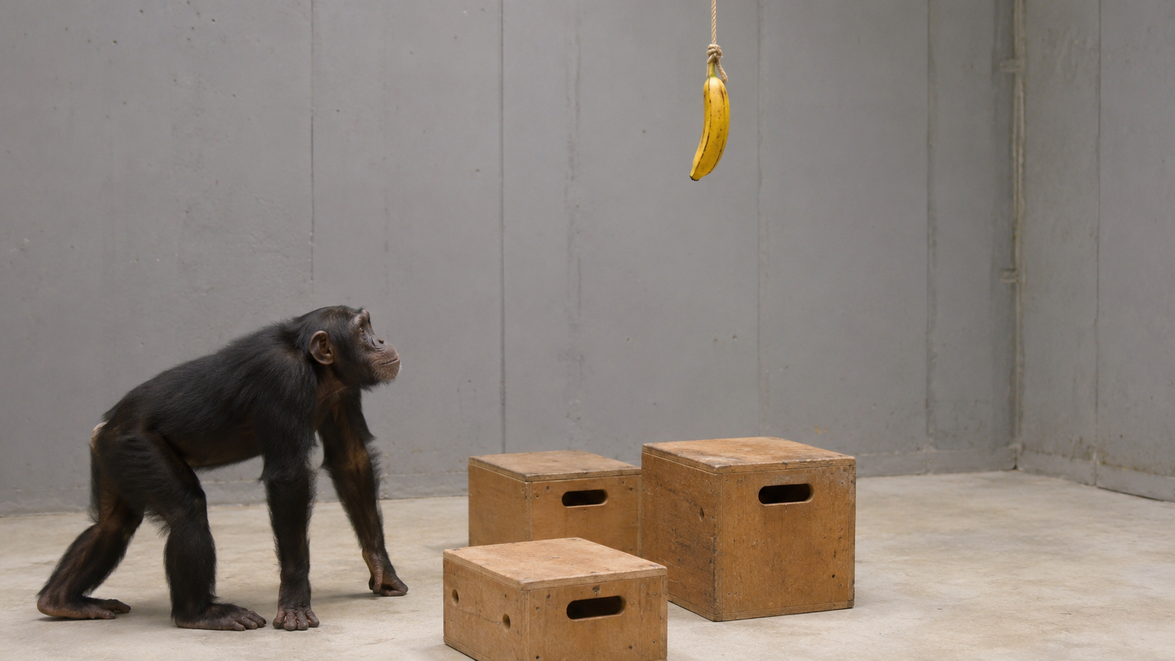 Un chimpanze face a une banane suspendue avec des caisses en bois a portee, evoquant le test de Kohler
