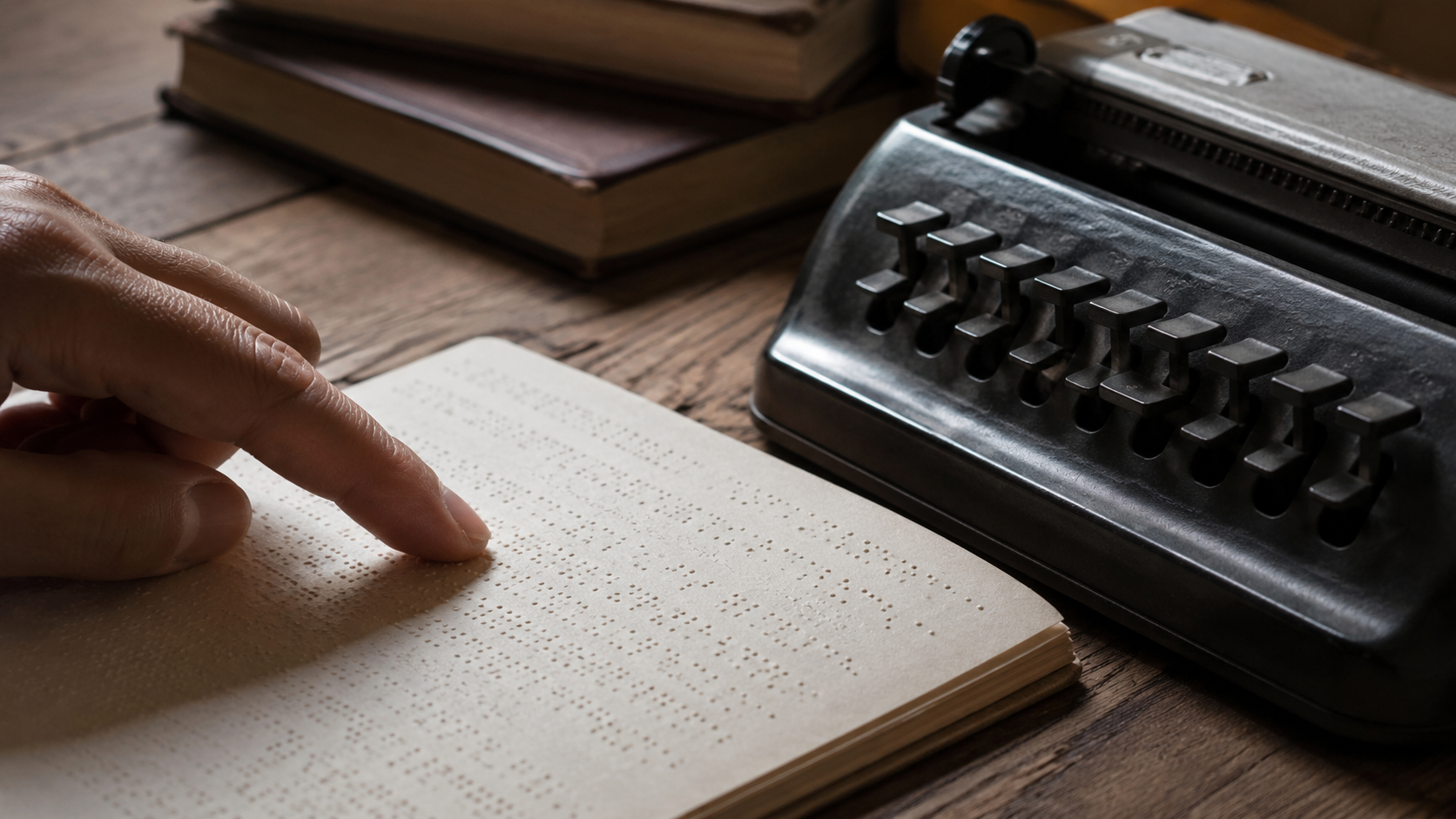 Un doigt lit une page en braille près d'une ancienne tablette d'écriture posée sur un bureau