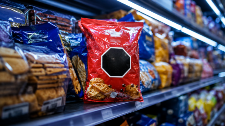 Rayon de supermarché dense d'emballages ultra-transformés, un paquet marqué d'un cachet noir octogonal