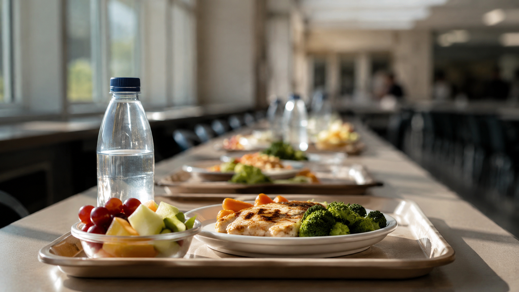 Plateau de cantine scolaire garni de produits frais