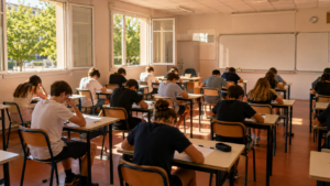 Une salle d'examen ensoleillee avec des adolescents espaces composant sous une forte chaleur