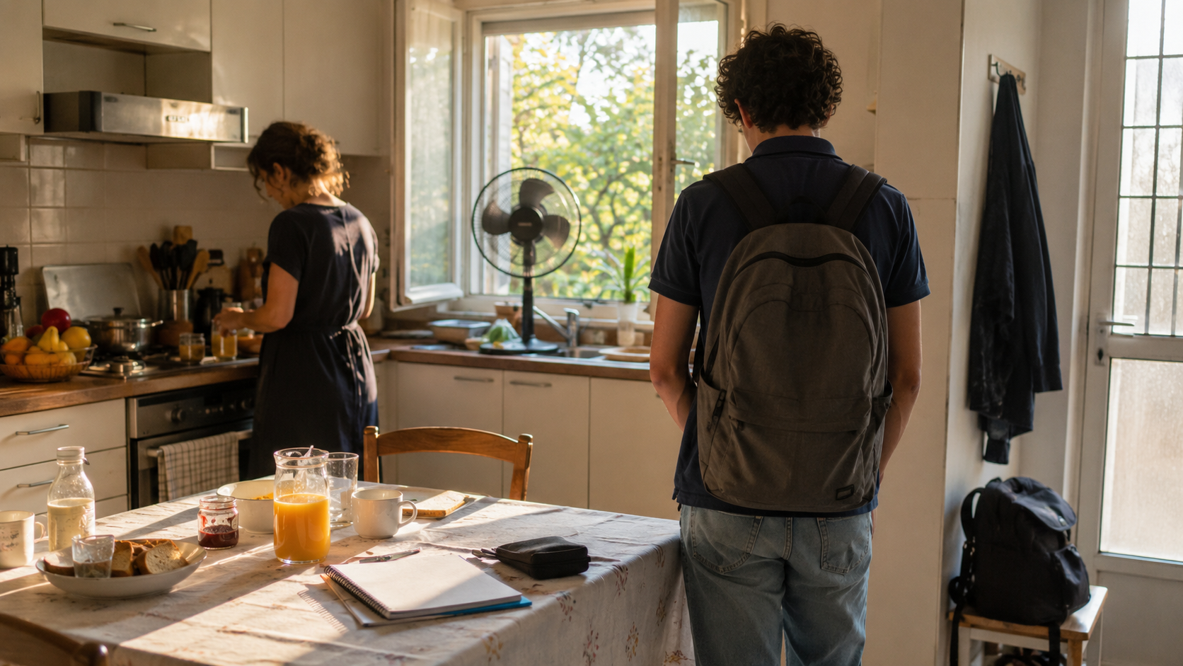 Un parent et un adolescent à la maison tôt le matin avant l'épreuve, ventilateur en marche