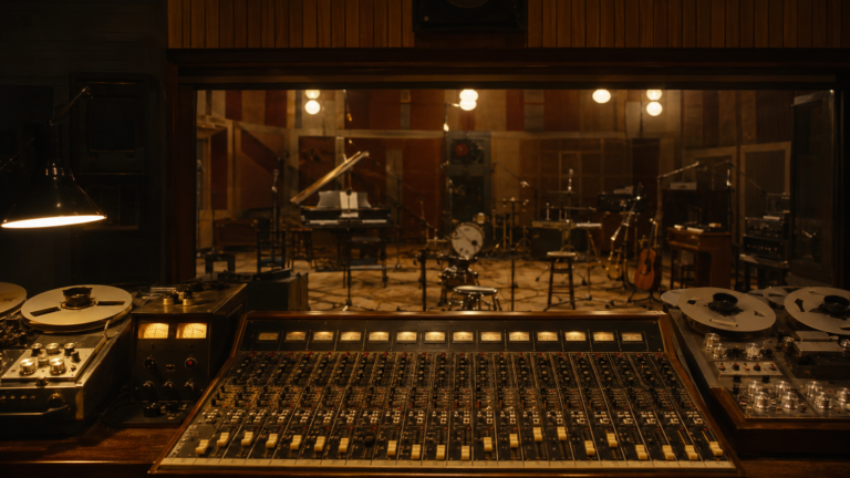 Régie d'un studio d'enregistrement des années 1960, console à faders et magnétophones à bande sous une lumière chaude