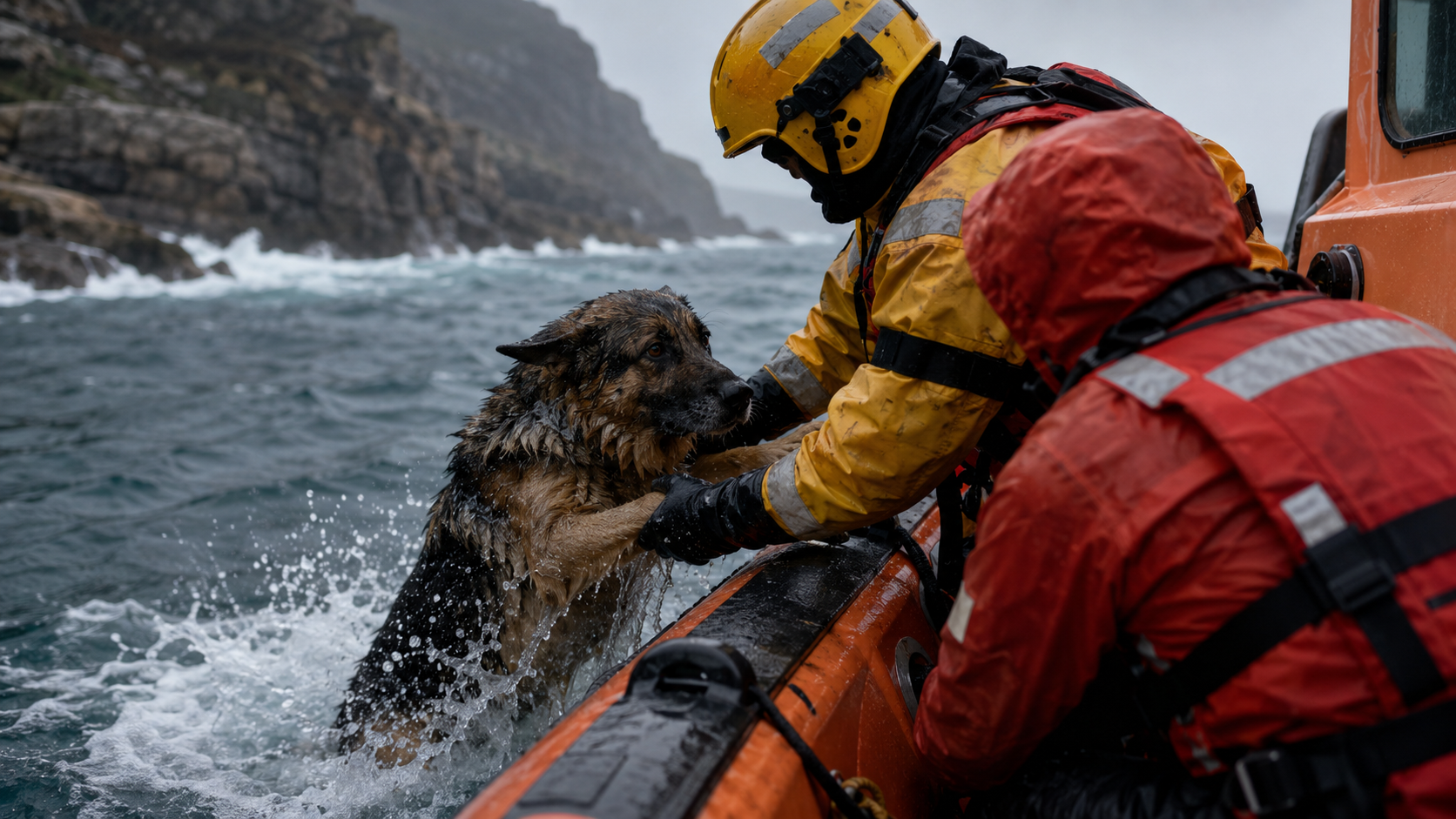 Deux membres d'équipage hâlent un grand chien hors de l'eau depuis leur embarcation