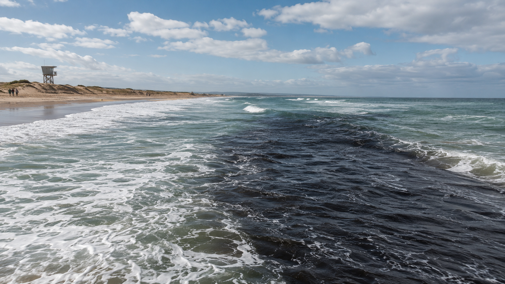 Vue aérienne d'une plage atlantique avec un courant de baïne visible en sombre dans le ressac