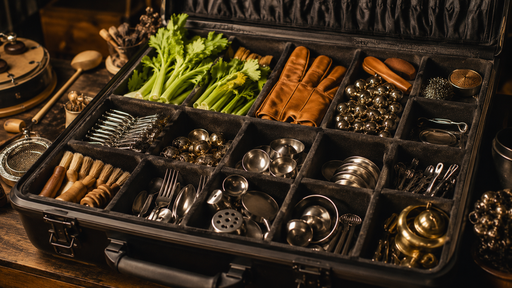 Une valise ouverte remplie d'objets de bruitage : celeri, gants, clochettes, metal, ustensiles de cuisine