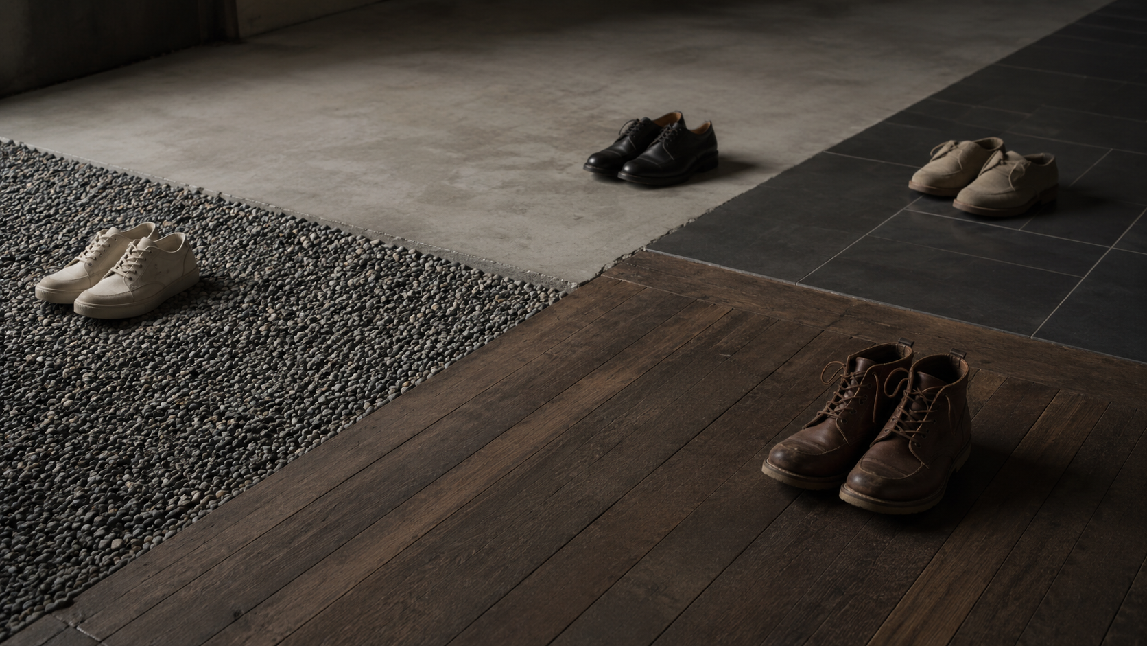 Un sol de bruitage fait de gravier, parquet, carrelage et beton, plusieurs paires de chaussures posees dessus