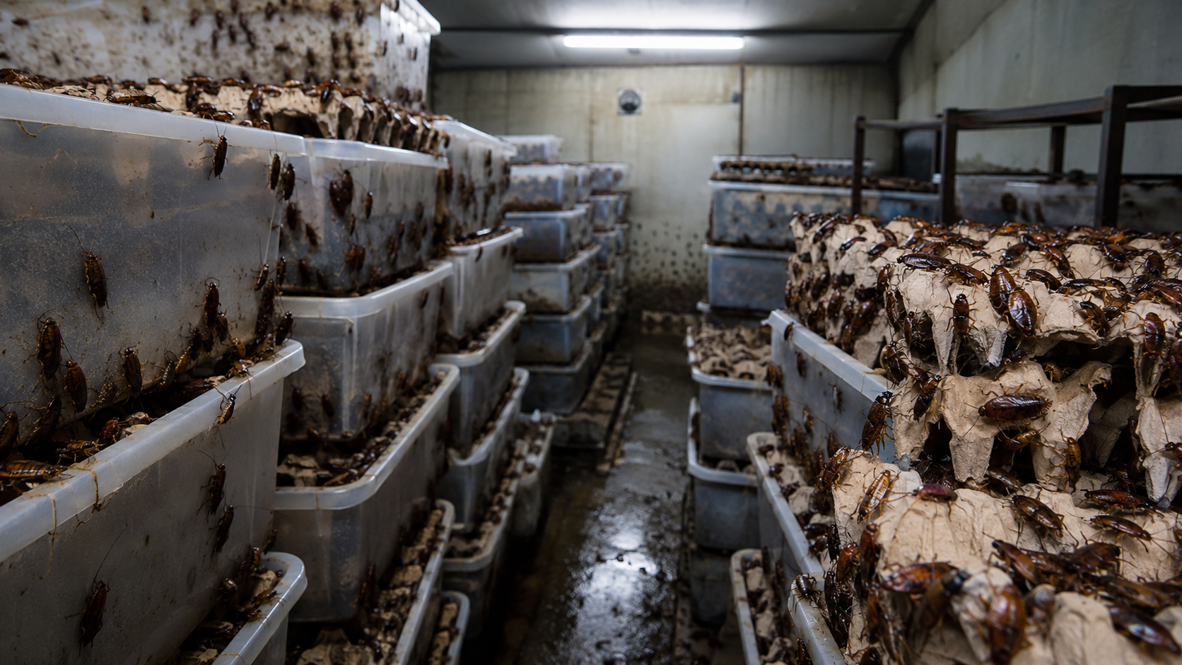 Bacs et boîtes d'œufs en carton couverts de grosses blattes brunes dans un local d'élevage