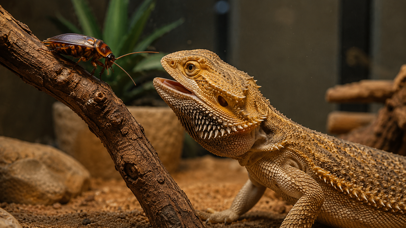 Un pogona dans un terrarium s'apprêtant à attraper une grosse blatte posée sur une branche