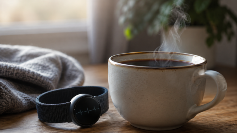 Tasse de café noir fumant à côté d'un capteur de pouls affichant un rythme cardiaque régulier