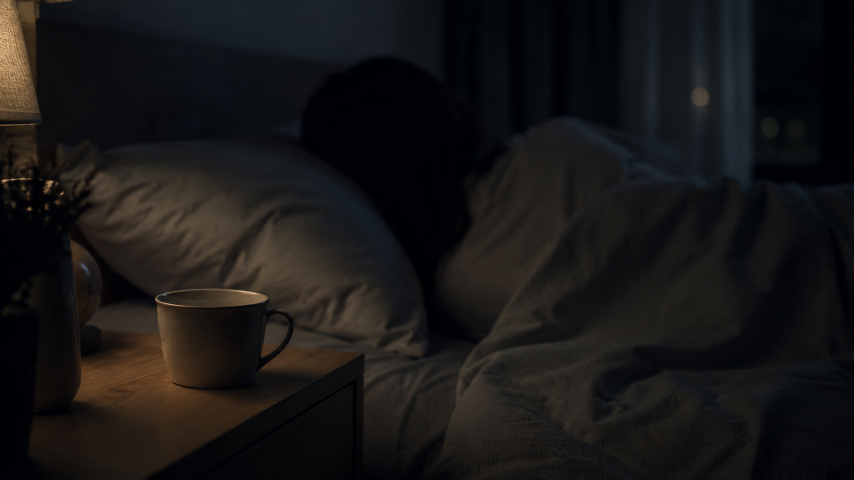 Personne éveillée la nuit dans une chambre sombre, une tasse de café vide sur la table de chevet