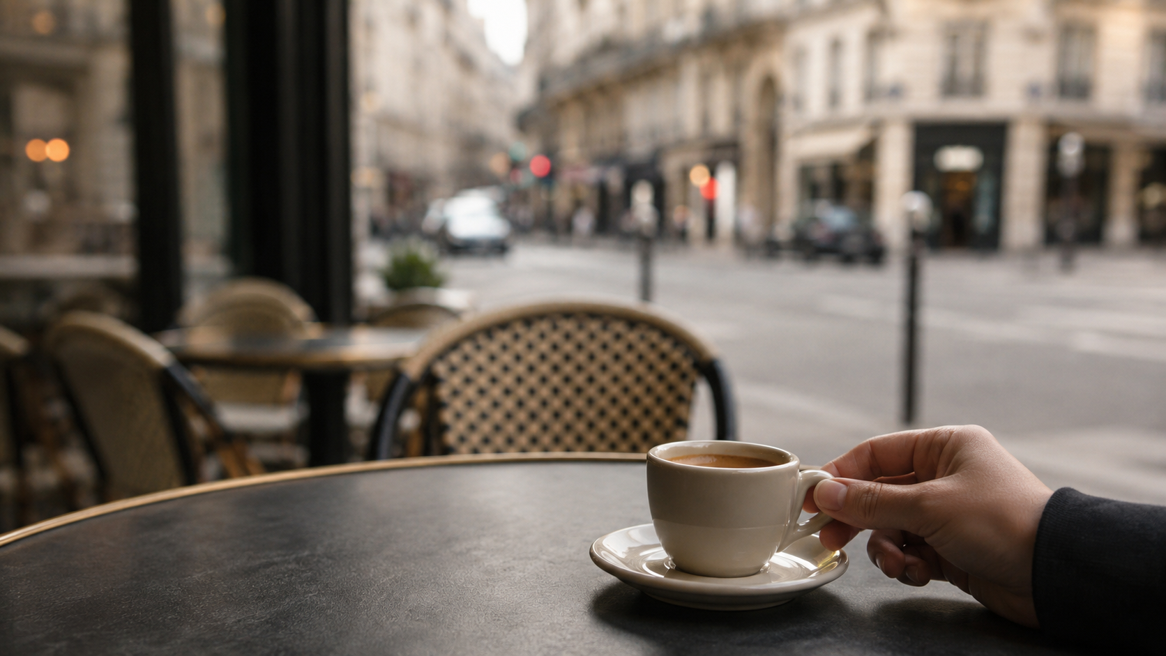 Expresso tenu en main à une terrasse de café, rue française floutée en arrière-plan