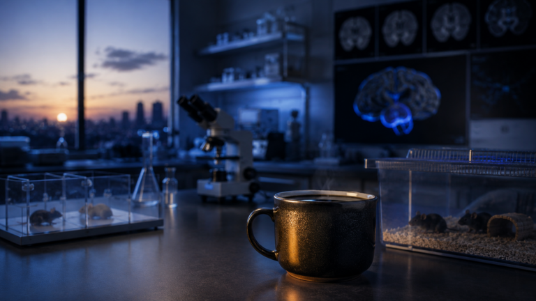 Tasse de café sur une paillasse de laboratoire au petit matin