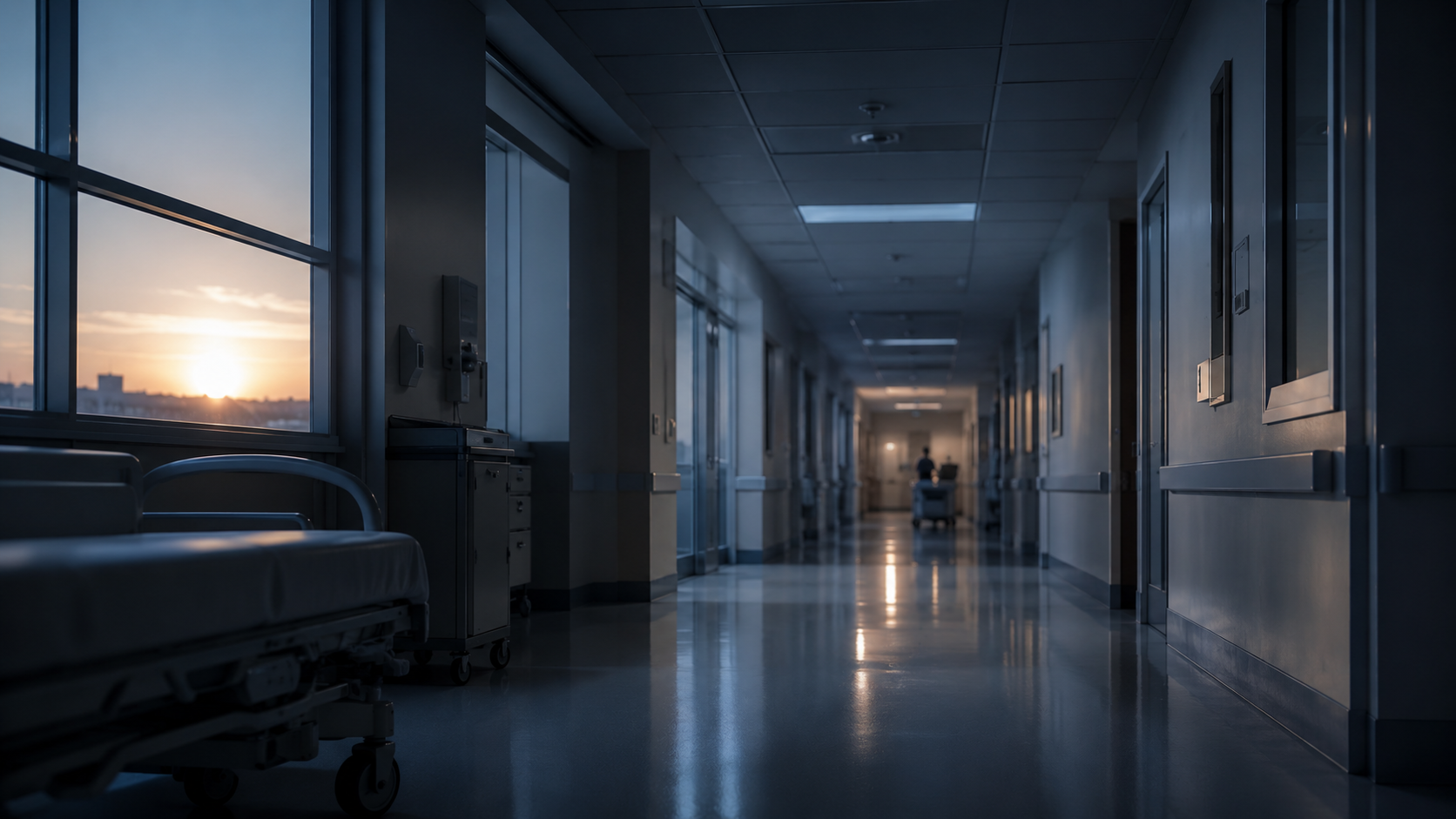 Couloir d’hôpital calme au petit matin après une nuit de service