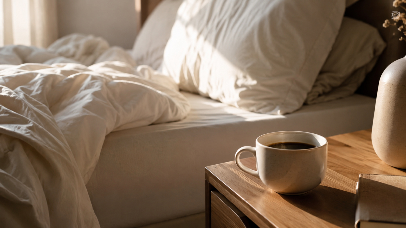 Tasse de cafe posee sur une table de chevet a cote d'un lit defait dans la lumiere du matin