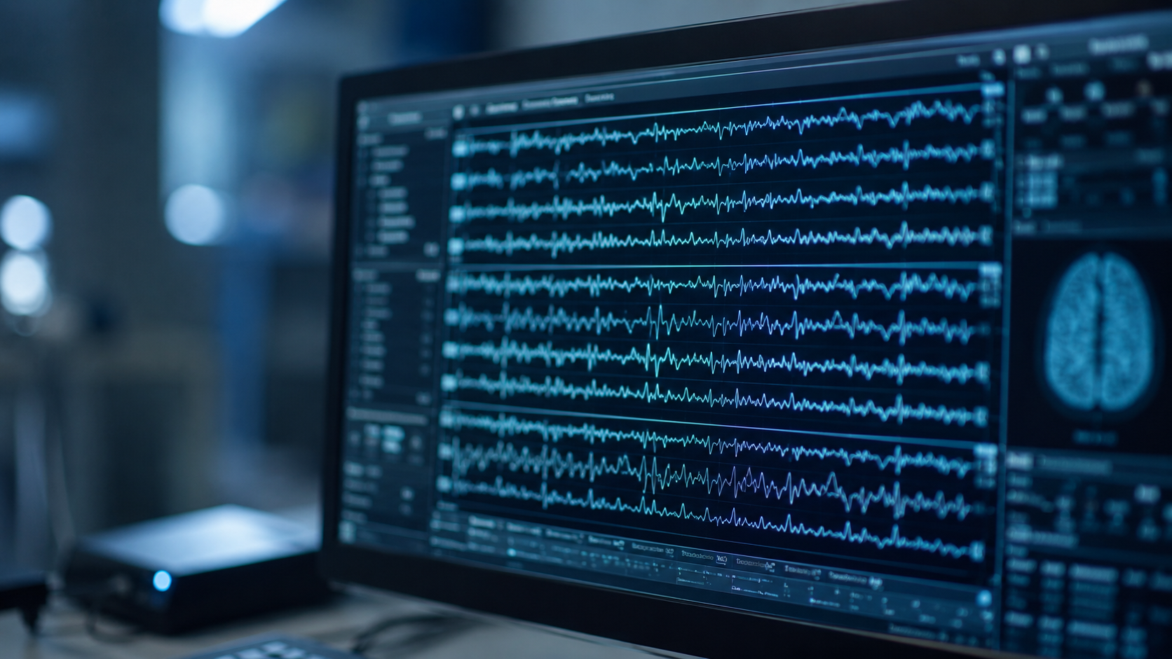 Ecran d'electroencephalogramme affichant des traces d'ondes cerebrales dans un laboratoire du sommeil