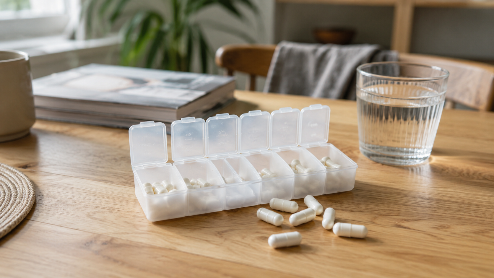 Un pilulier ouvert et quelques gélules blanches sur une table en bois