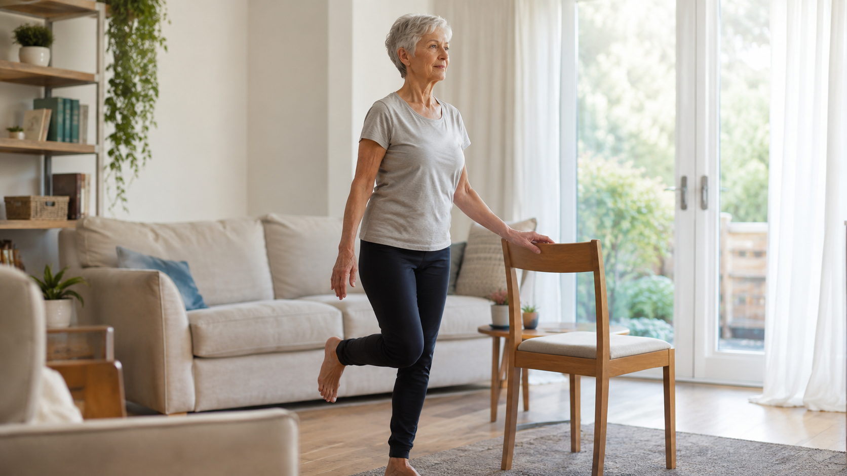 Une personne âgée en appui sur un pied près d'une chaise, exercice d'équilibre à domicile