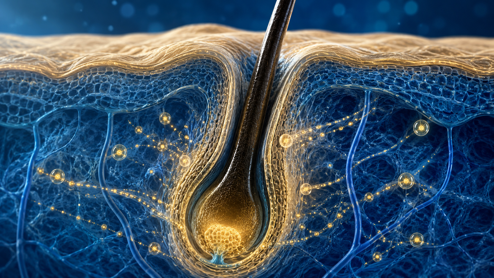 Coupe microscopique d'un follicule pileux illustrant les mécanismes cellulaires de croissance