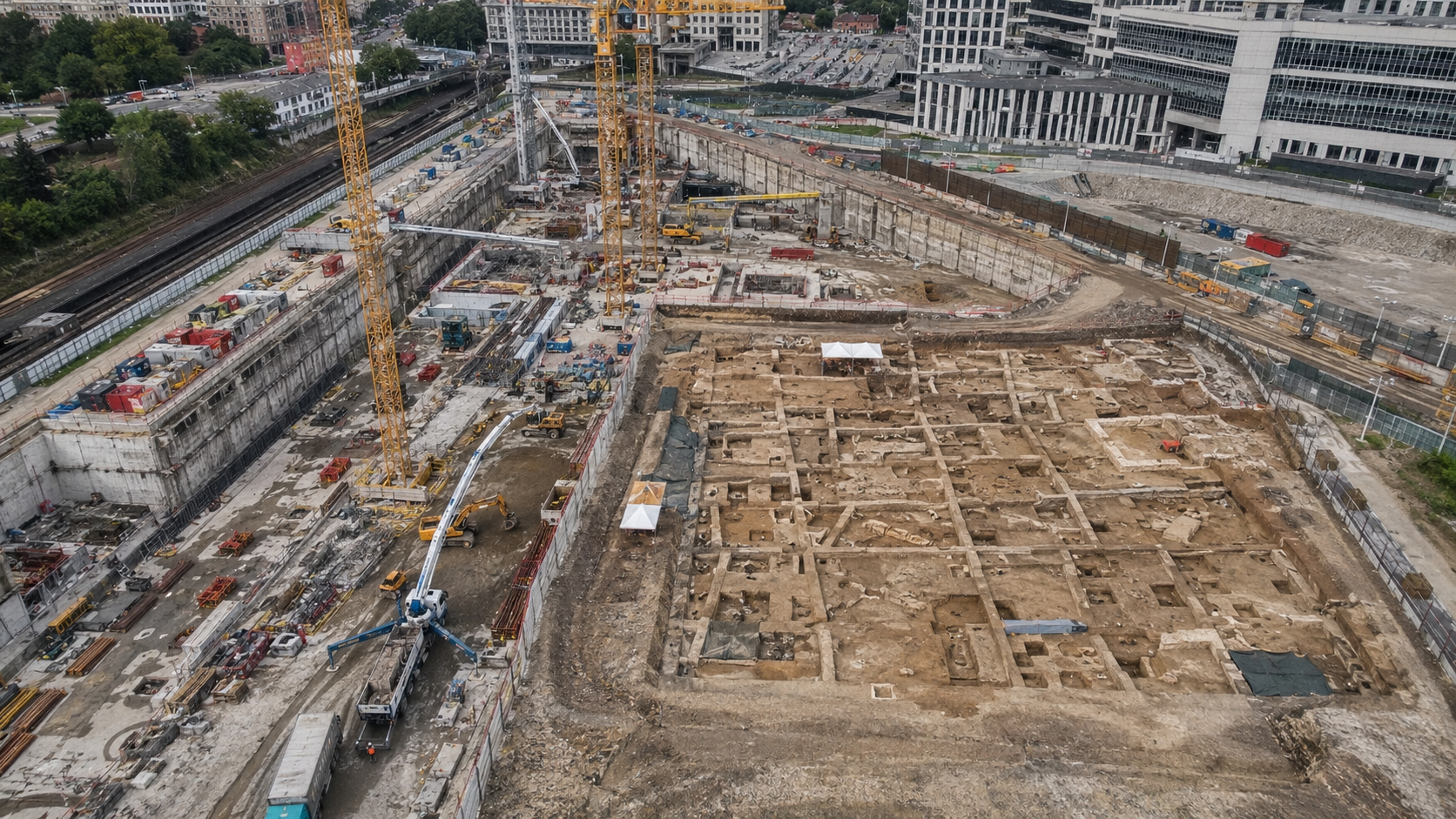 Vue aerienne du chantier Grand Paris Express avec zone de fouille archeologique Inrap separee par des palissades
