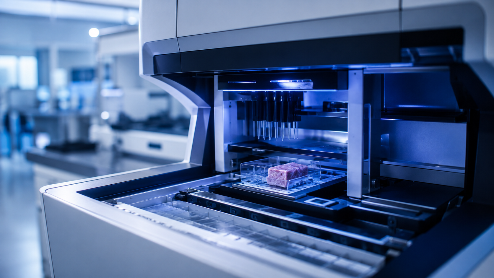 Machine de séquençage génomique analysant un échantillon de tissu tumoral en laboratoire médical