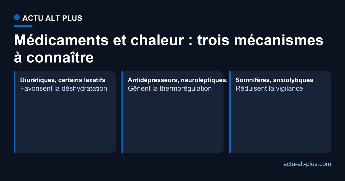 Trois familles de médicaments à risque en cas de canicule, classées par mécanisme : déshydratation, thermorégulation, vigilance.