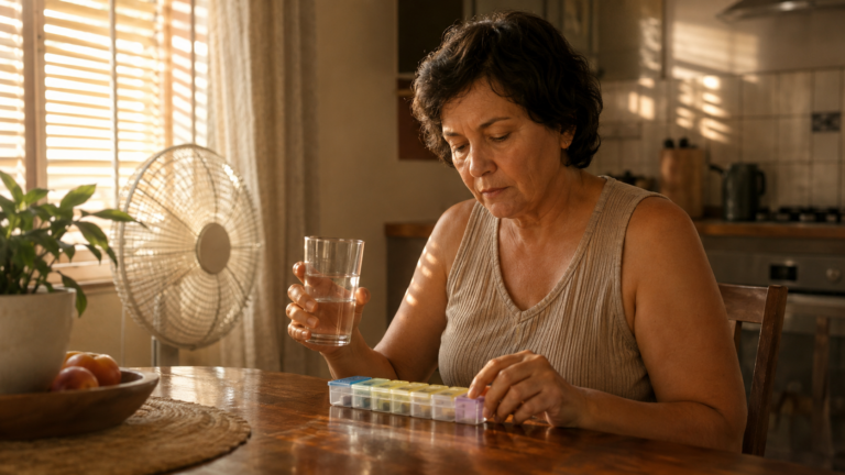 Une personne tient un verre d'eau et regarde un pilulier sur sa table de cuisine pendant une journée de canicule.