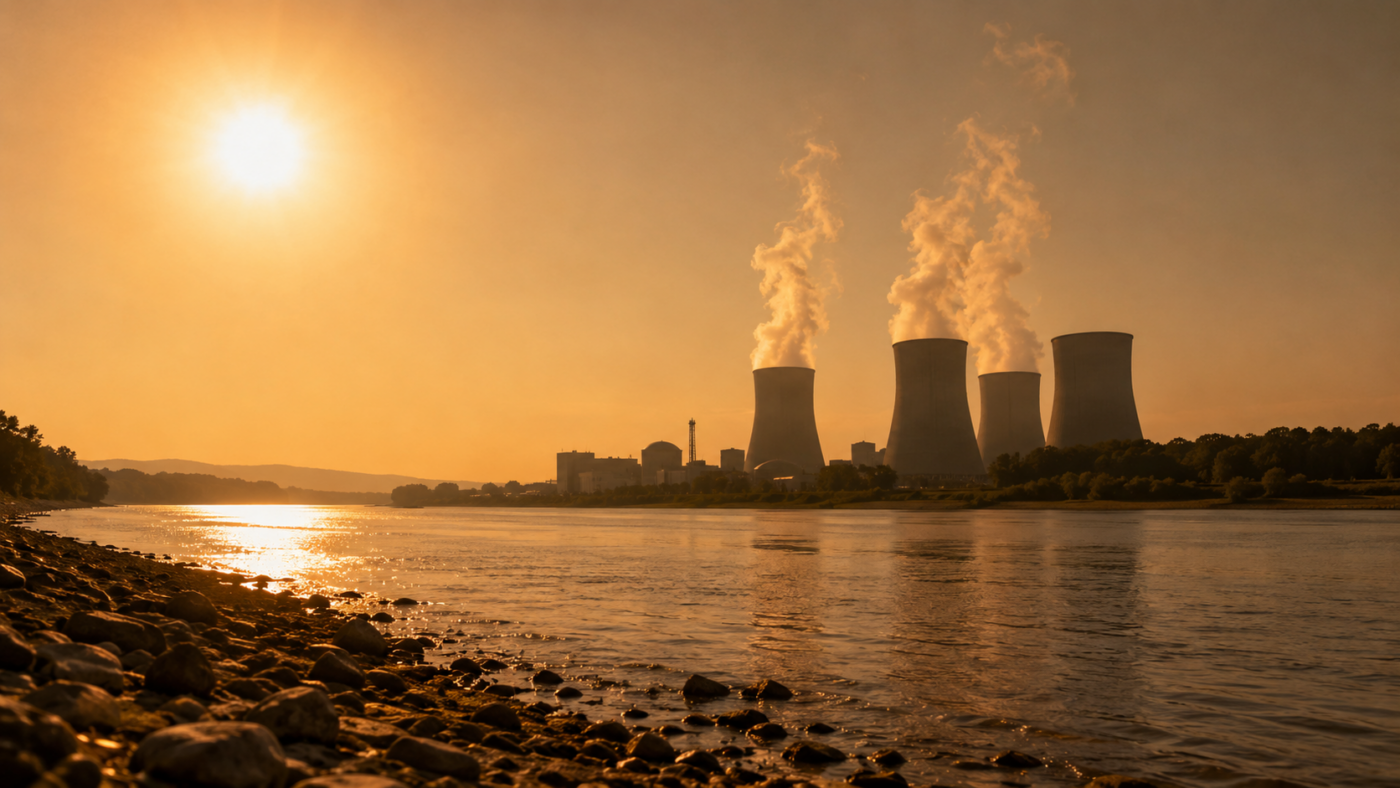 Une centrale nucleaire et ses tours de refroidissement au bord d'une riviere sous une brume de chaleur estivale
