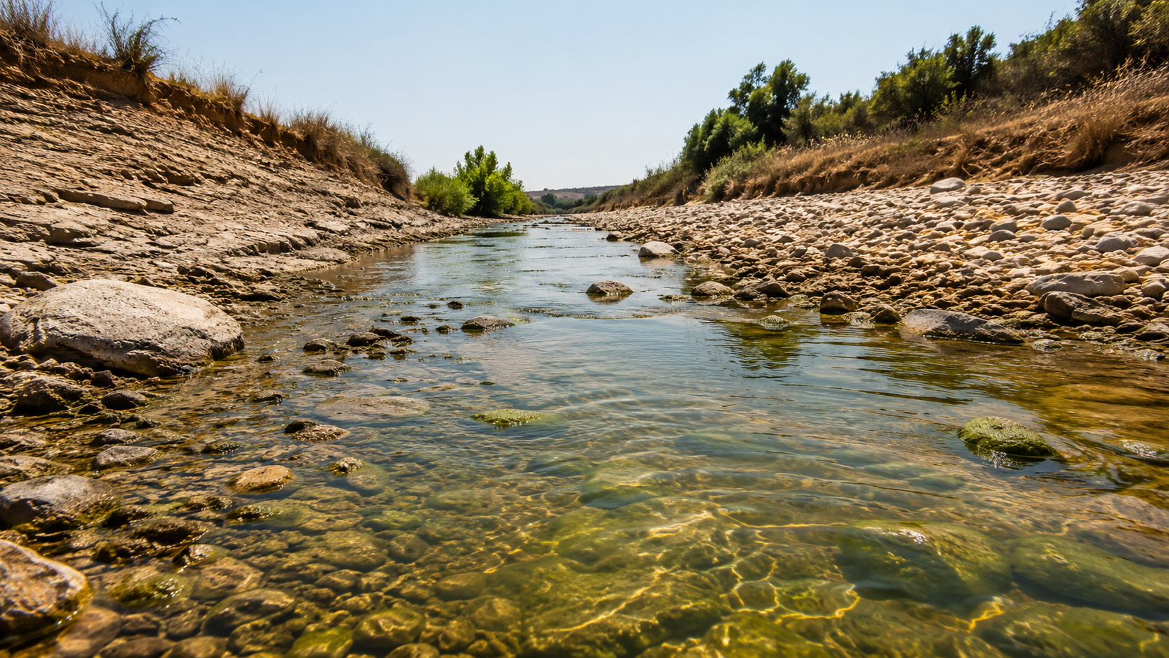 Une riviere a faible debit en pleine canicule, eau basse et tiede sur des galets, berges asechees