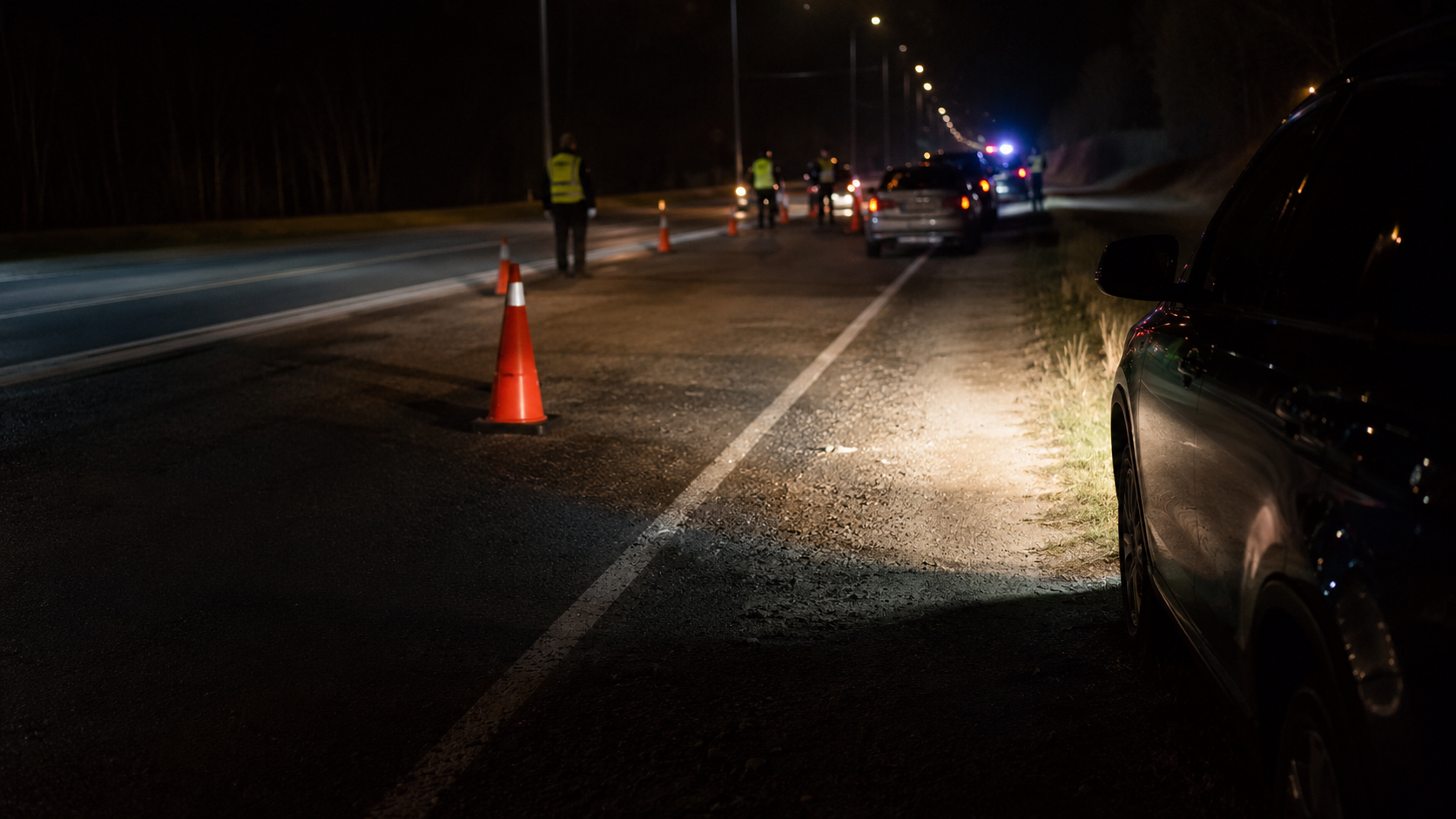 Bord de route de nuit éclairé par une lampe de contrôle