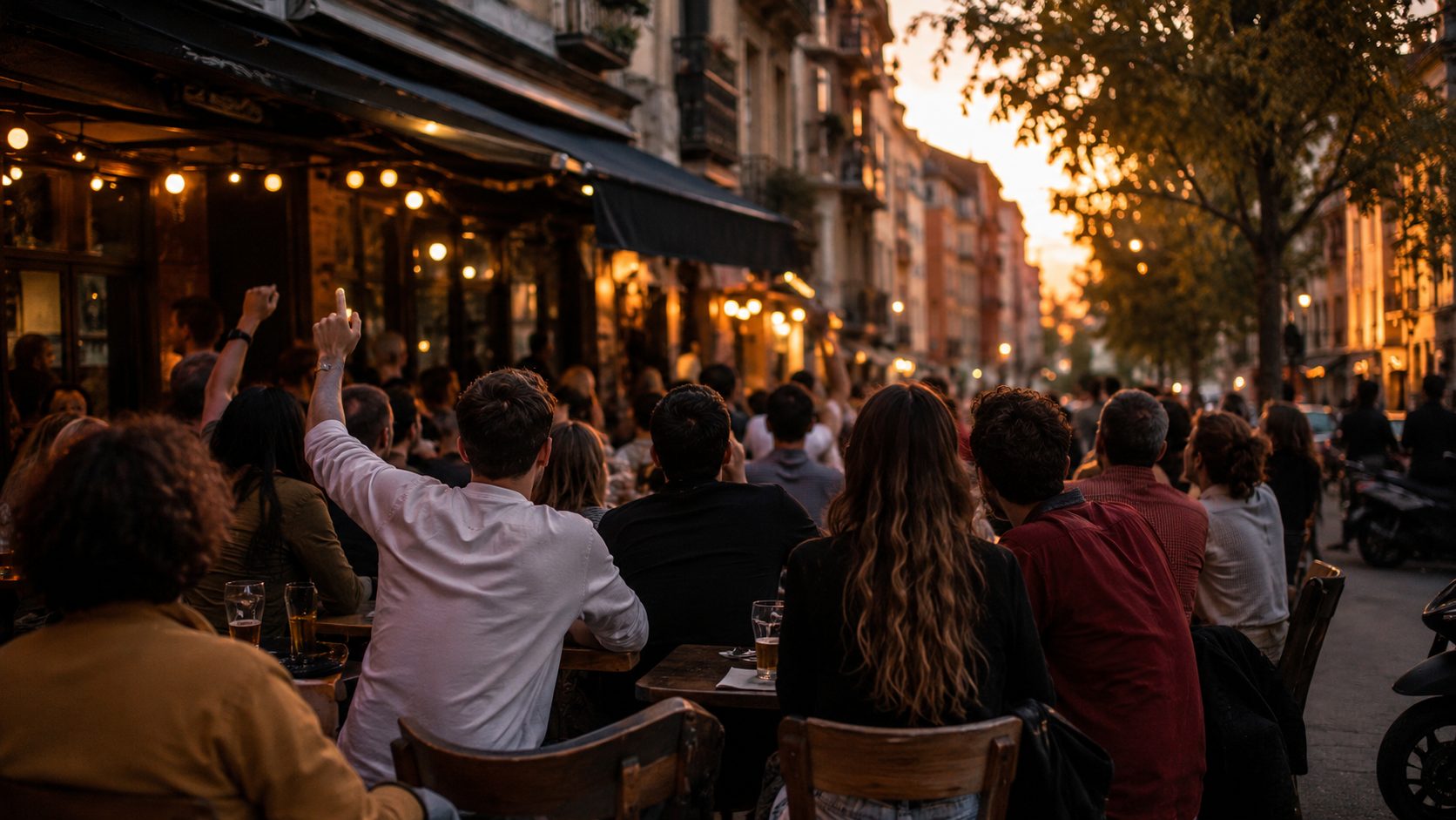 Habitants d'un quartier populaire rassemblés de dos devant un café pour regarder un match de football le soir