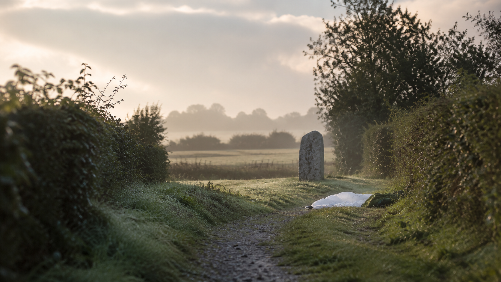 Un chemin rural bordé de haies avec une stèle non lisible au loin.