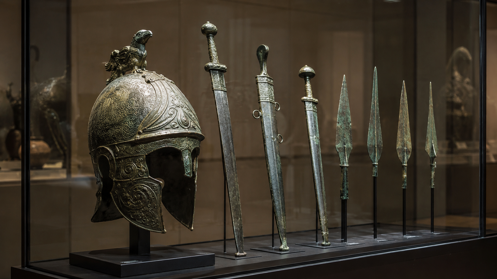 Un casque gaulois en bronze et des armes anciennes exposés dans une vitrine de musée