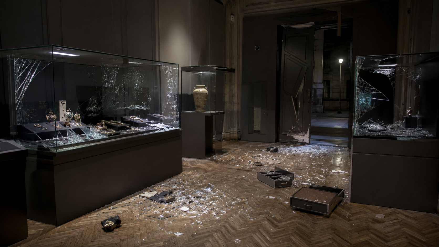 Galerie de musée de nuit avec des vitrines brisées et une porte endommagée après un cambriolage
