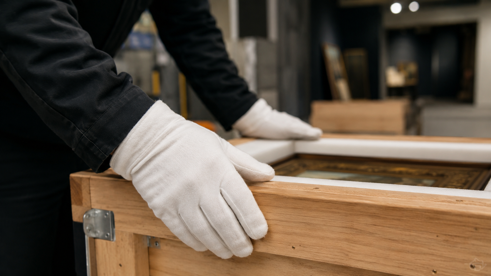 Caisse de transport d'oeuvre d'art manipulée avec des gants blancs dans un musée