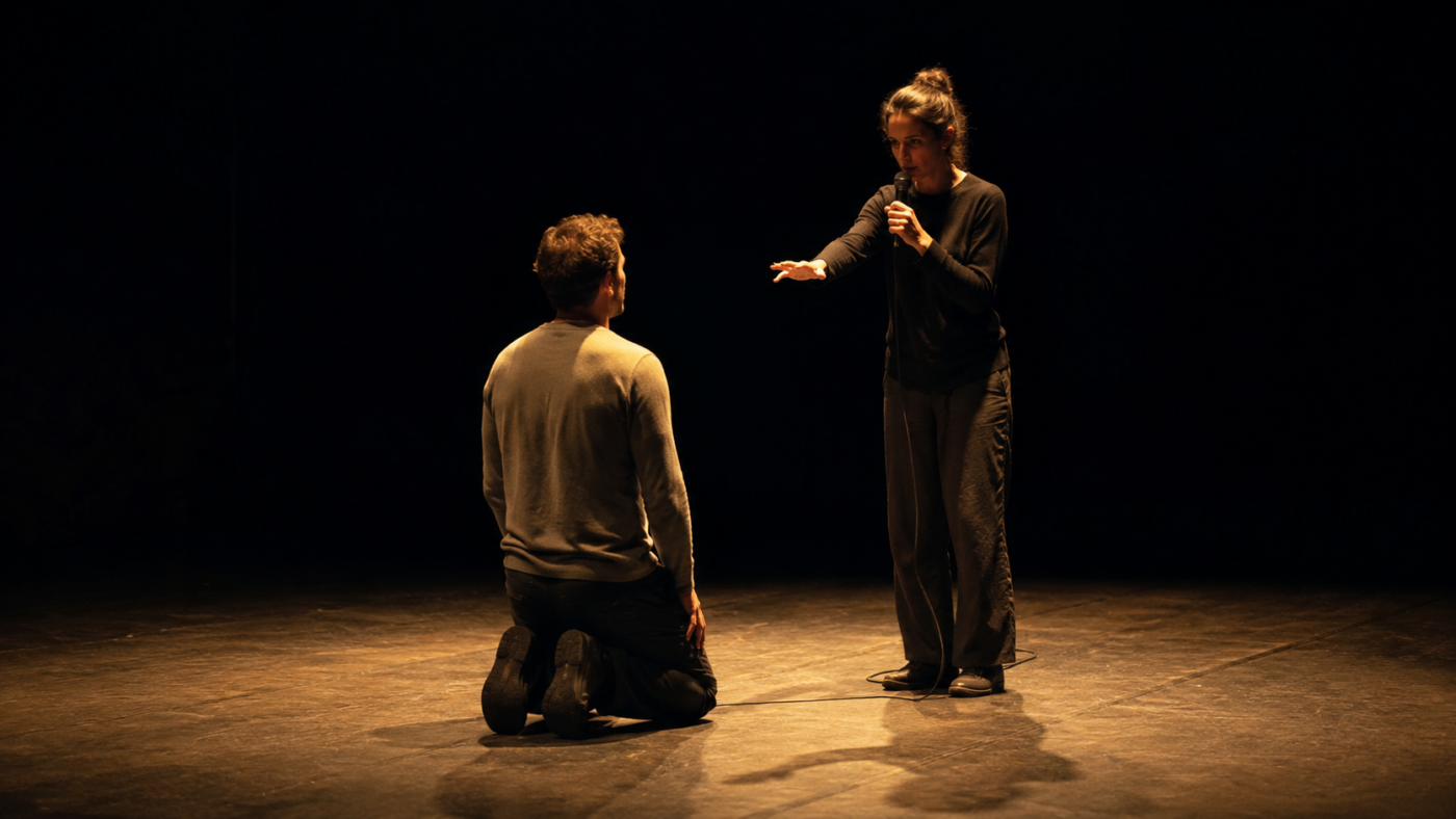 Sur une scène de théâtre éclairée d'un faisceau chaud, un homme agenouillé fait face à une femme tenant un micro.
