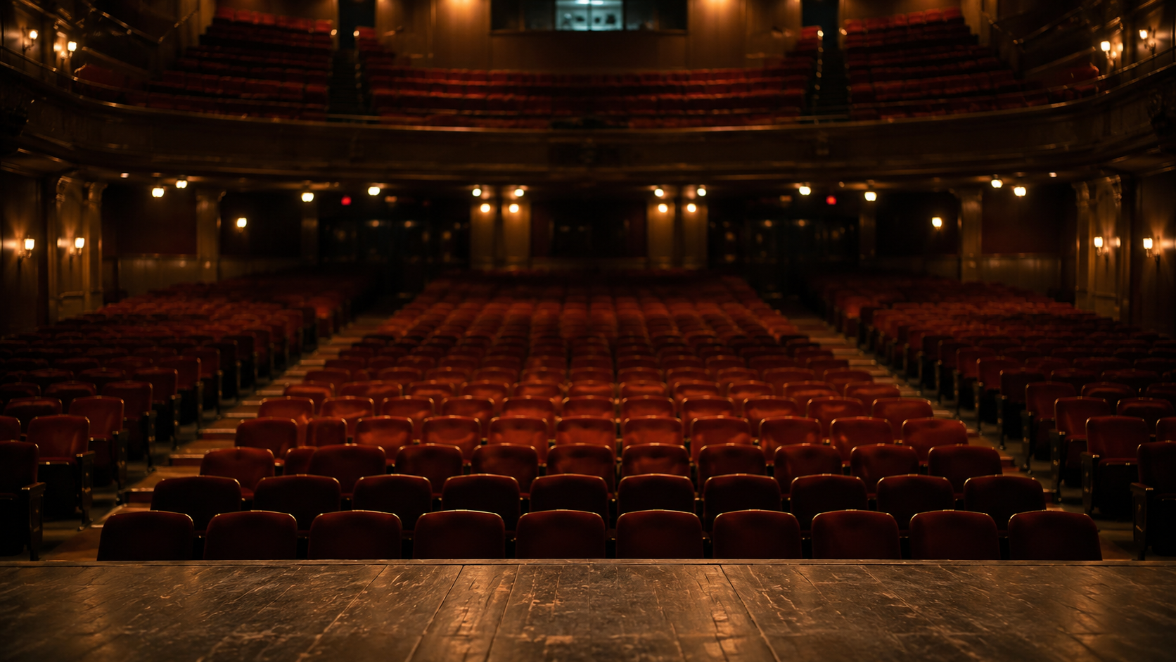 Rangées de fauteuils vides d'un théâtre vues depuis la scène, lumière de salle tamisée.